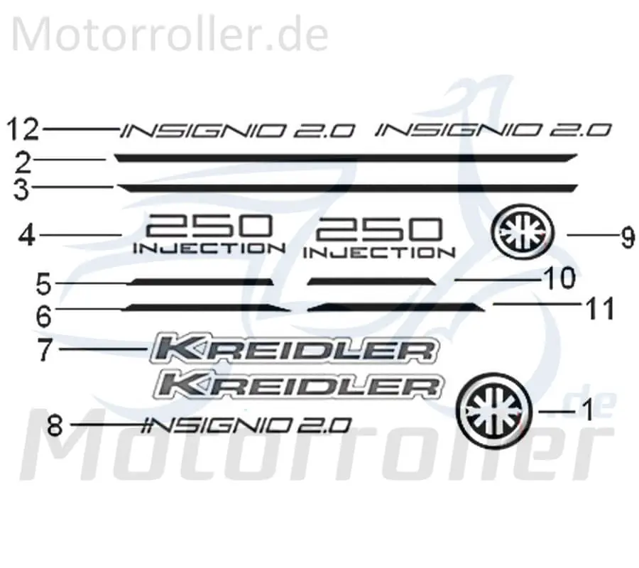 Kreidler Insignio 250 DD 2.0 Aufkleber "250 Injection" rechts oder links 750668 Sticker Dekoraufkleber Dekor Schriftzug Motorroller Scooter Ausverkauf