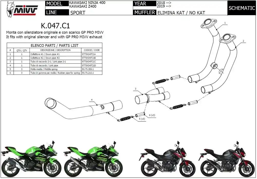 Finale Aktion MIVV Katersatzrohr passend für Kawasaki Ninja 400 (2018-) & Z 400 (2019-)